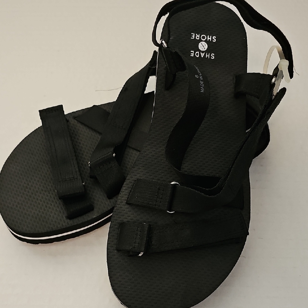 Shade & Shore Summer Casual Black Sandals With Velcro Closures Size 8